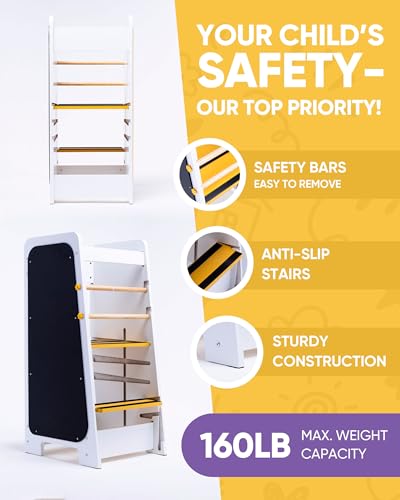 4-in-1 Toddler Learning Tower - Wooden Scandinavian Design for Ages 18 Months to 6 Years - Includes Chalkboard, Montessori Games, Anti-Slip Features, and Safety Railing