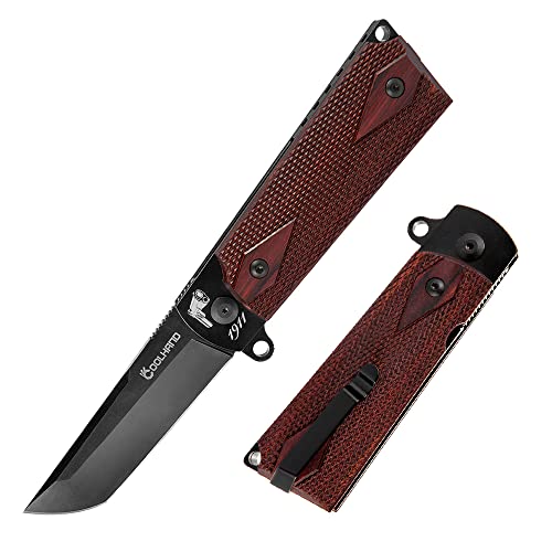 Cool Hand Heavy Duty Edc Folding Knife, Ball Bearing Survival Hunting Knives, 3.6" Tanto Stone Wash Finish D2 Steel Blade, 4.9'' Replaceable 1911 Wood Grip Handle, Liner Lock Mechanism, 1911Fd-Bk #TOP8
