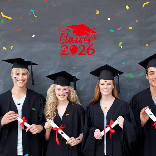 Image of 2xClass of 2026 Car Sticker & Graduation Hat Sticker Removable Graduate Caps Decal 8 inchx 7.1 inch Waterproof Vinyl Decals Arts & Crafts for Graduation Party Decorations(Red)