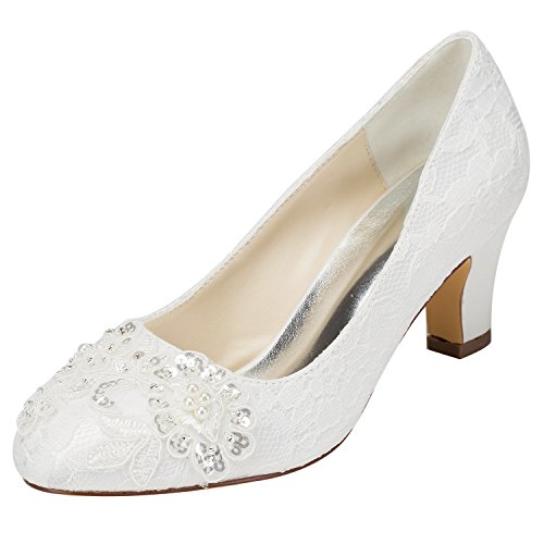 Emily Bridal Wedding Shoes Women's Satin Chunky Heel Closed Toe with Sequin Stitching Lace