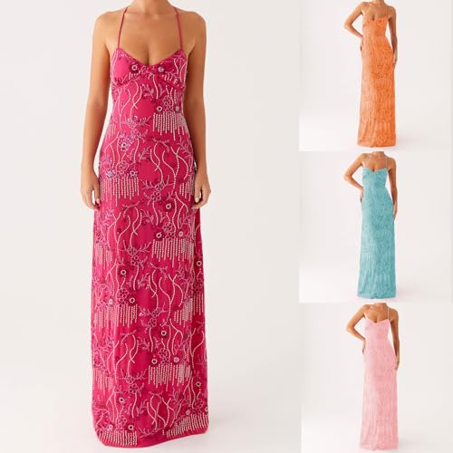 Sequin Sparkly Maxi Dress for Women Y2k Floral Embroidery Beaded Long Cami Dress Glitter Bodycon Halloween Clubwear2