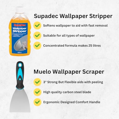 Wallpaper Stripping Kit – SupaDec Concentrated Wallpaper Stripper (Makes 25L), Muelo Wall Scraper, Sponge, Paint Brush & Disposable Gloves – Wallpaper Remover & Scraper Tool Set - Image 2