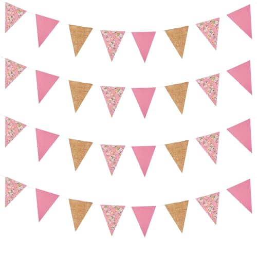Image of Zwiebeco 39Ft Pink Floral Fabric Pennant Banner Vintage Burlap Triangle Flag Cotton Retro Flower Bunting Party Decoration for Birthday Engagement Wedding Bridal Baby Shower Rustic Village Garden Decor