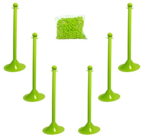 Mr. Chain Plastic Stanchion Kit with 50 Feet of 2-Inch Link Chain and C-Hooks, Safety Green, Pack of 6 (71014-6)