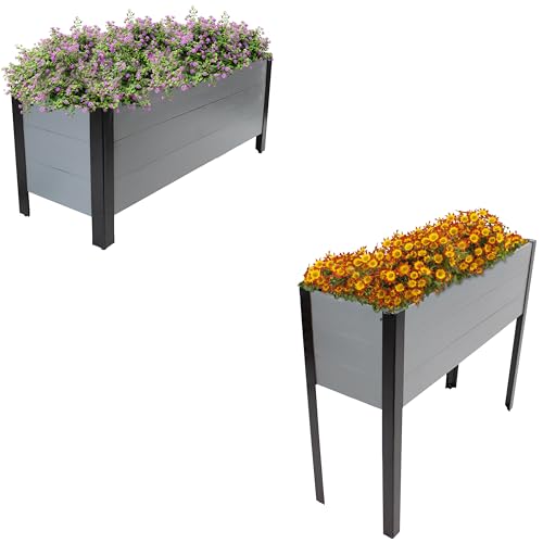 Sunnydaze Set of 2 Acacia Planter Boxes with Powder-Coated Steel Frame – 14.75″ H and 31” H – Removable Planter Bags – Gray