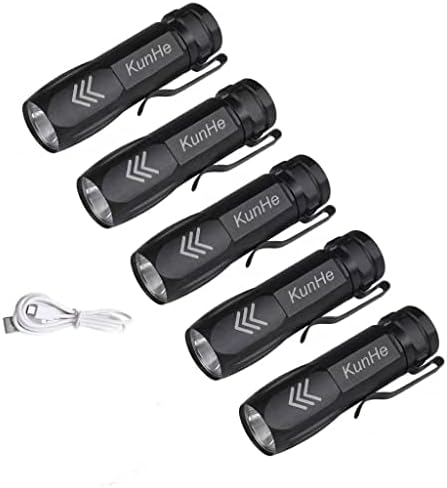 KunHe 5 Pack Mini Small Pocket LED Flashlight USB Rechargeable High Lumens Bright Powerful EDC Flash Lights