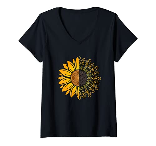 Mujer Girasol Bicicleta Bicicleta Bicicleta Amante Ciclista Ciclismo Camiseta Cuello V
