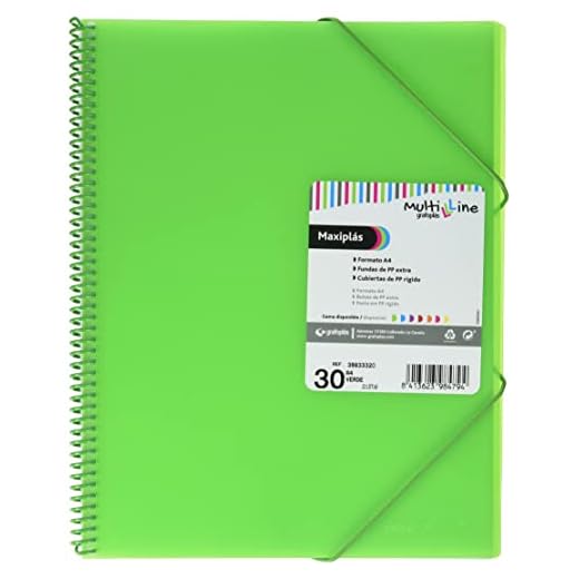 Grafoplás 39833320. Carpeta Fundas A4 de Espiral | Color Verde | 30 Forros Transparentes Calidad Extra | Tapas Polipropileno | Gomas de Cierre | Maxiplás Multiline