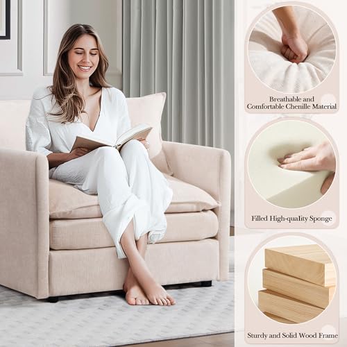 Sillón moderno chenille beige con otomán miniatura 6