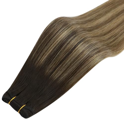 Image of Full Shine 24 Inch Machine Weft Hair Extensions 105G Brown Honey Blonde | Invisible Machine Tied Weft, Dark Brown To Honey Blonde Mix Ash Brown Balayage, Remy Human Hair, Hair Transformation