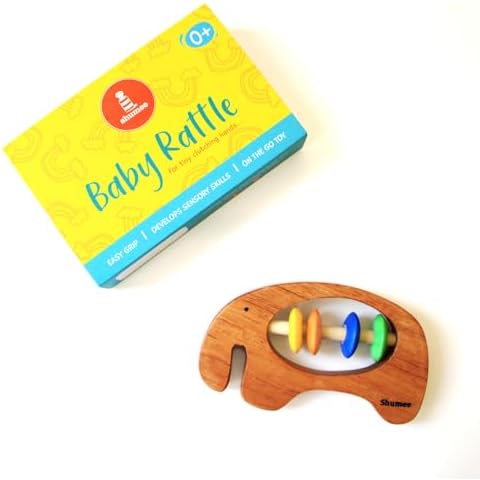 Shumee Wooden Baby Rattle Clutching Toy - Elephant Shaped Teether for Babies (6 Months+) Cover