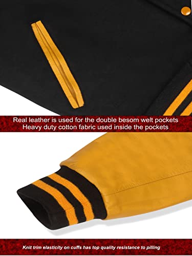 Brutul Fight Bee Original Leather Varsity Letterman Jackets Baseball Varsity Jackets Wool And Leather Original American Style Varsity Letterman Jackets (Black/Gold, Medium) #TOP6