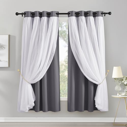 Image of PONY DANCE Blackout Curtains for Bedroom, 52 x 63 in, Grey, 2 Panels | Sheer Drapes Double Layers Grommet Top Window Treatment Room Decor