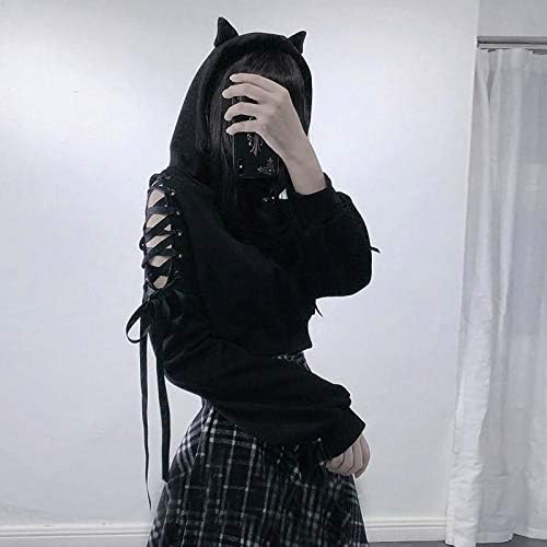 SIPEIEN Dames kattenoren hoodie gotische lange mouwen sweatshirt schattige holle tops blouse crop top pullover