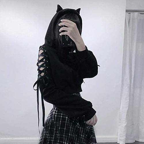 Teen Girls Trendy Gothic Hoodies Cat Ear Crop Top Casual Punk Long Sleeve Hooded Sweatshirt Plus Size Tops for Women4