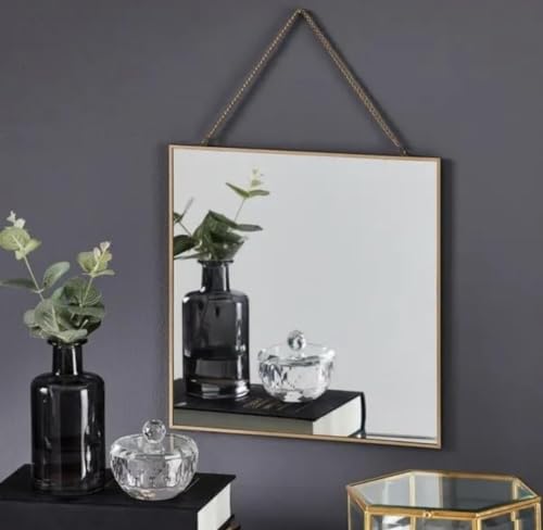 Image of Vintage Wall Mirror with (Brass) Border Wall Hanging Mirror with Chain | Decorative Mirror for Wall Living Room Bedroom & Bathroom Mirror Size - (11 Inches) (Square) Gold