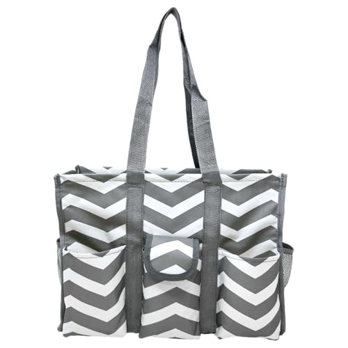 Lucazzi Utility Tote Bag with Zipper Top - Large Multipurpose Organizer Bag for Teachers, Nurses, Work, Students, Knitting, Crafts - Tote Organizer with Multi-Compartment Pockets - Chevron Gray