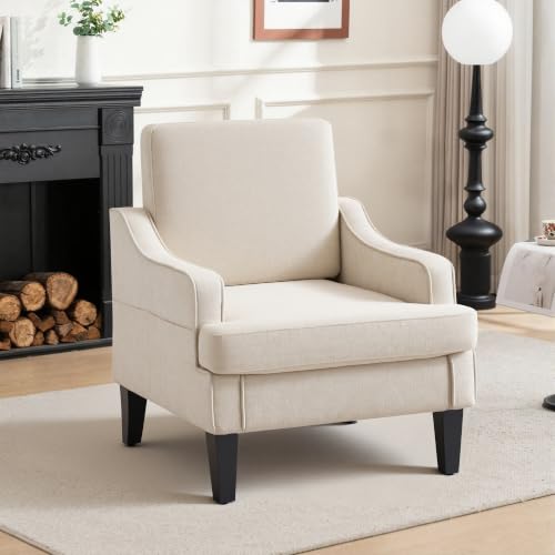 Image of Accent Chair for Living Room,Mid-Century Arm Chair Fabric Living Room Chairs,Upholstered Reading Chair for Bedroom,Single Sofa Chair with Wood Legs for Apartment (Beige)