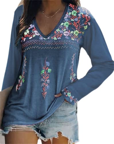 Melliflo Long Sleeve Mexican Shirts for Women Floral Embroidered Peasant Blouse Ethnic Style Boho T-Shirts, Blue, L