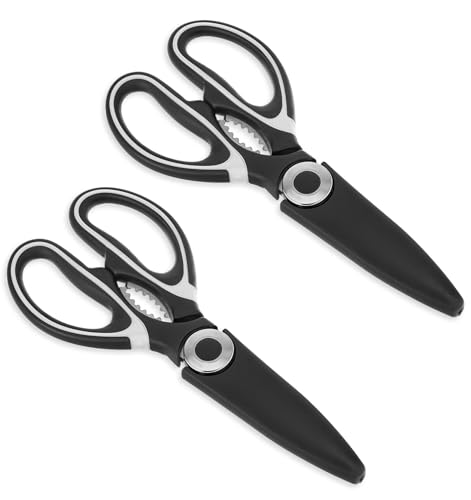 Sharp Kitchen Scissors, 2 Pcs 21 cm Food Scissors, Multipurpose Stainless Steel Cooking Scissor with Protective Sheath for Kitchen, Meat, Fish, Poultry, (Black)