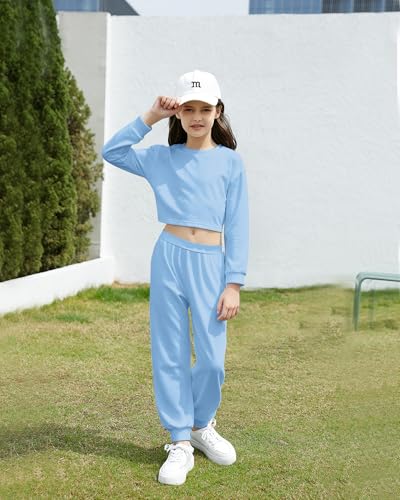 Image of Betusline Girls 2 Piece Outfits Girls Cropped Sweatsuit Pants Outfit Clothes Set, 4T-14 Years
