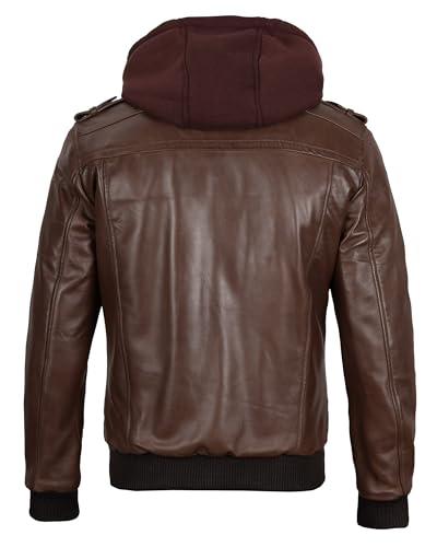 Image of fjackets Men Hooded Leather Jacket - Real Lambskin Men's Bomber Leather Jackets with Detachable Hood Stylish Casual Outerwear
