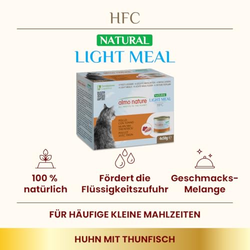 Almo Nature HFC Natural Light Meal - Nassfutter für Katzen - Huhn mit Thunfisch - Human-Grade, Glutenfrei - 50 g (4er Pack)