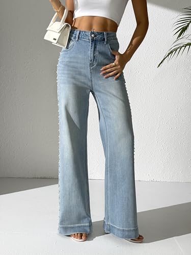 heipeiwa Women's Pearl Rhinestone Jeans Wide Leg Baggy Denim Pants High Waist Sparkle Shiny Sequin Trouser2