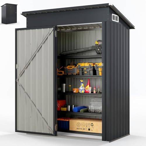 RELAX4LIFE Casetta da Giardino 1,35m² in Acciaio Zincato, Capanno Porta Attrezzi Esterno con Doppie Porte Scorrevoli e Tetto Inclinato, 150x88x185cm, 2 Paia di Guanti Inclusi (GRIGIO SCURO)