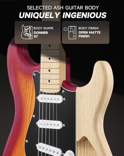 Image of DONNER DST-80 Electric Guitar 39 inch Beginner Electric Guitar Kit with Amp, Classic SSS Pickup Complete with Gig Bag, Tuner, Capo, Strap, Picks, and Free Online Lessons, CherryBurst