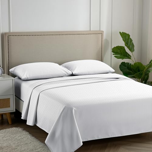 Carressa Linen 600 Series Striped Queen Sheets Set, Cool Sateen, White