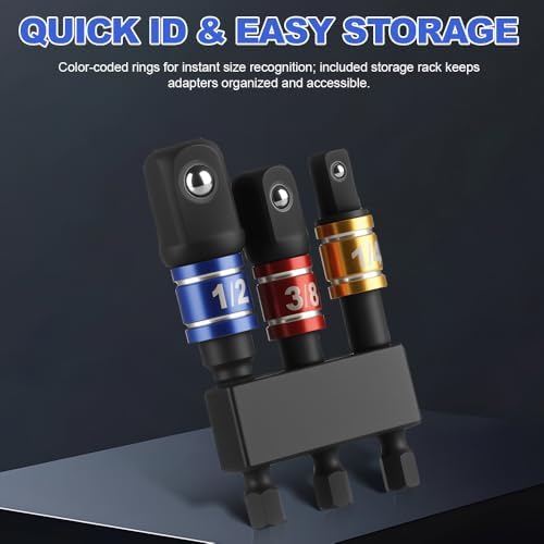 Gewutho 3 Piece Impact Socket Adapter Set, 1/4-Inch Hex Shank, Chrome Vanadium Steel Drill Extension Bar, Includes 1/4in, 3/8in, and 1/2in Drive Socket Adapters with Storage Holder - 5