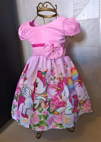 Vestido Infantil Unicórnio Temático de Festa Aniversário Tamanho:G Veste 6 a 7 Anos;Cor:Rosa