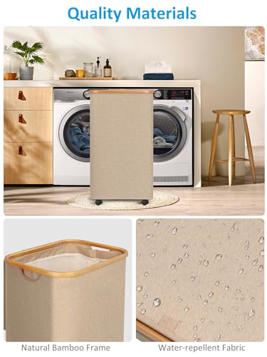 Image of efluky Laundry Basket with Wheels, Tall Rolling Laundry Hamper with Lid and Removable Bag, Aesthetic Dirty Clothes Hamper on Wheels for Laundry Room, Bedroom, Dorm and Bathroom, 100L Oatmeal