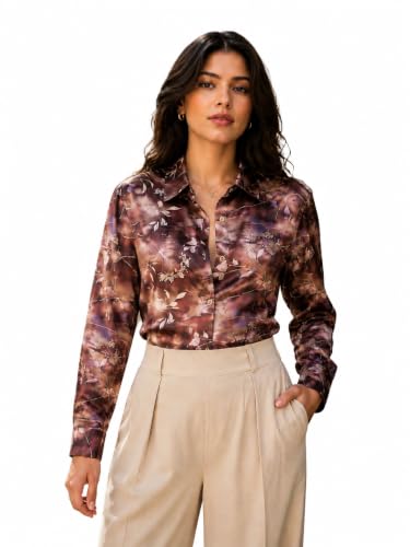 Image of Amazon Brand - INKAST Women Abstract Floral Printed Spread Collar Long Sleeves Casual Cami Shirt