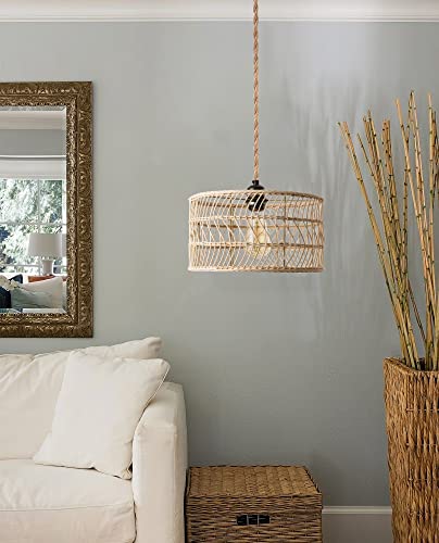 Ayshwilldec Plug In Pendant Light Rattan Pendant Light Wicker Light Fixtures With 15Ft Plug In Hemp Rope Cord Drum Chandelier Boho Woven Rattan Lampshade Hanging Lamp (Dimmerable Bulb Incl.) #TOP6