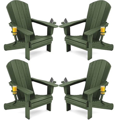 SERWALL Adirondack Chair with Cup Holders - Composite Adirondack Chairs Set of 4 HDPE Outdoor Chairs All Weather Use- Avocado