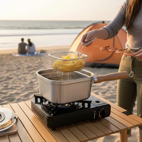 Image of Stainless Steel Square Oil Filter Frying Pot With Lid | Multi-Functional Tempura Deep Fryer & Steamming Pot | Kitchen Stock Pot For Cooking Portable Crisper Pan.