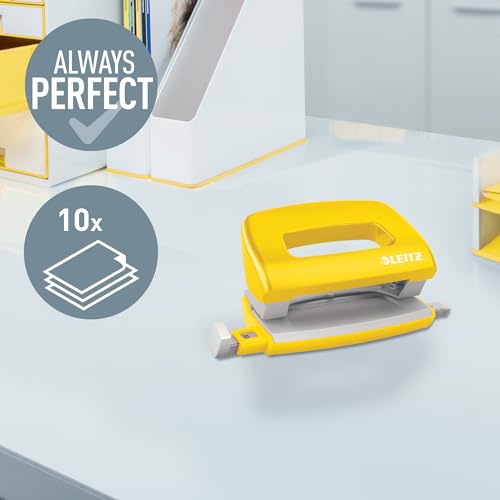 Leitz Mini Locher aus Metall, kleiner Locher für 10 Blatt, Metall, Anschlagschiene mit Formatangaben, Ergonomisches Design, gelb, WOW-Serie, 50601016
