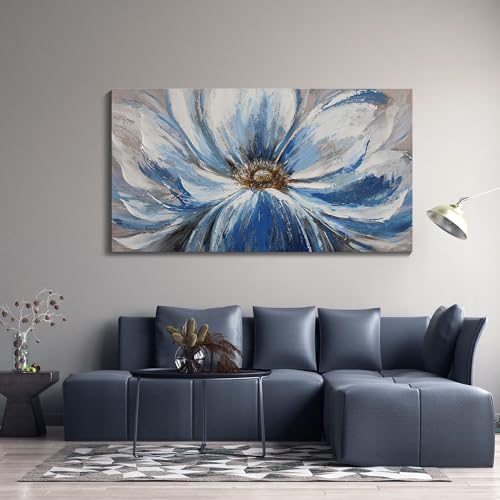Image of Large Blue Wall Art Framed, White Blue Flower Canvas Wall Decor for Living Room Bedroom, Modern Botanical Floral Painting Picture Artwork, 29x58 Inch Big Size Ready to Hang