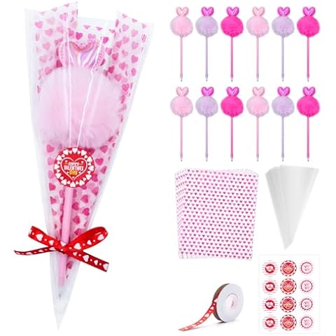 12 Packs Valentine’s Day Pens Heart Valentines Ballpoint Pens Stickers Fluffy Heart Shape Pens Classroom Supplies Rewards Gifts Cover