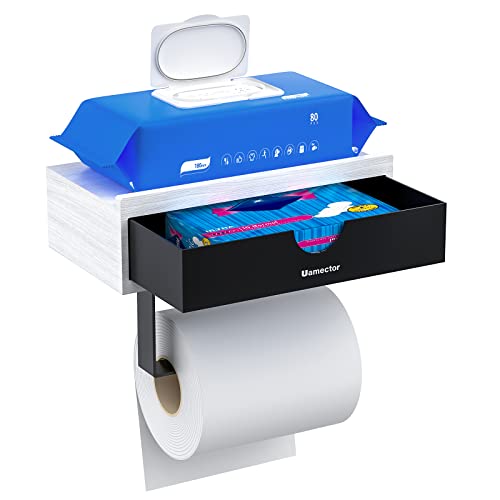 Toilet Paper Holder with Shelf and Storage, Uamector Bamboo Wipes Dispenser for Bathroom, Adhesive or Screw Wall Mounted Toilet Paper Roll Holder with Phone Shelf