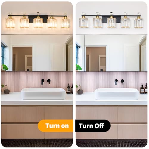 Image of 5 Light Black and Gold Vanity Light, Modern Crystal Bathroom Vanity Lighting Fixtures, Bath Wall Mount Lights with Clear Crystal Glass Shade, Wall Sconce Light for Mirror Bedroom Living Room, E26 Base