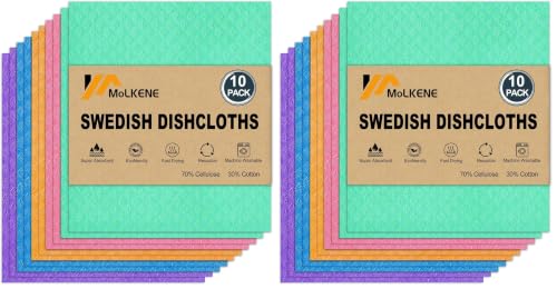 MoLKENE Swedish Dishcloths for Kitchen, 2 x 10-Pack, Assorted Colors