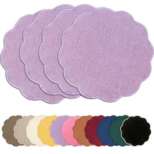 AHHFSMEI Round Scalloped Placemats Set of 4 15 Inch Faux Linen
