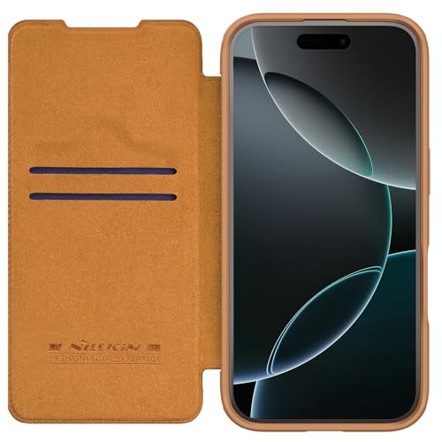 Image of Nillkin Case for Apple iPhone 16 Pro (6.3″ Inch) Qin Prop Leather Lens Protect + Stand Flip Folio + Card Slot 360 Protect Brown Color