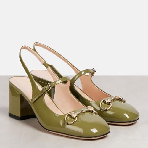 Women's Closed Square Toe Block Heel Slingback Pumps Chic Patent Leather Slip On Mary Jane High Chunky Heels with Buckle Party Work Dressy Slingback Shoes for Women3