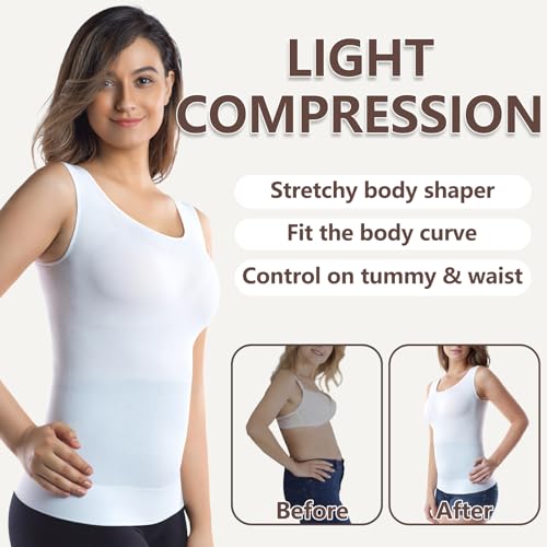 Image of +MD Women's Seamless Short Sleeve Undershirt, Light Compression Scoop Neck Tank Top, Tummy Control Basic Tee Camisole
