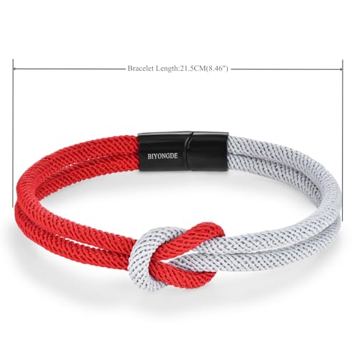 BIYONGDE Mens Two-tone Nautical Love Knot Rope Bracelet, Vibrant Red and Silver Grey Double Row with Sleek Stainless Steel Black Clasp, Friendship Forever Love Rope Bracelet by BIYONGDE - Image 2
