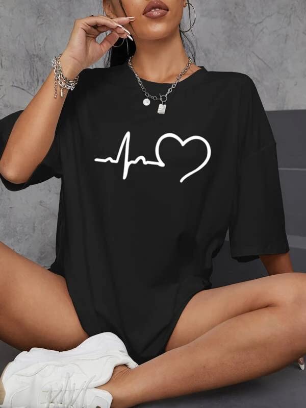 Image of MyTees Pure Cotton Oversized T Shirts for Women Casual Printed Baggy Oversized Round Neck Drop Shoulder Tshirt Black T-Shirt Size S to XL